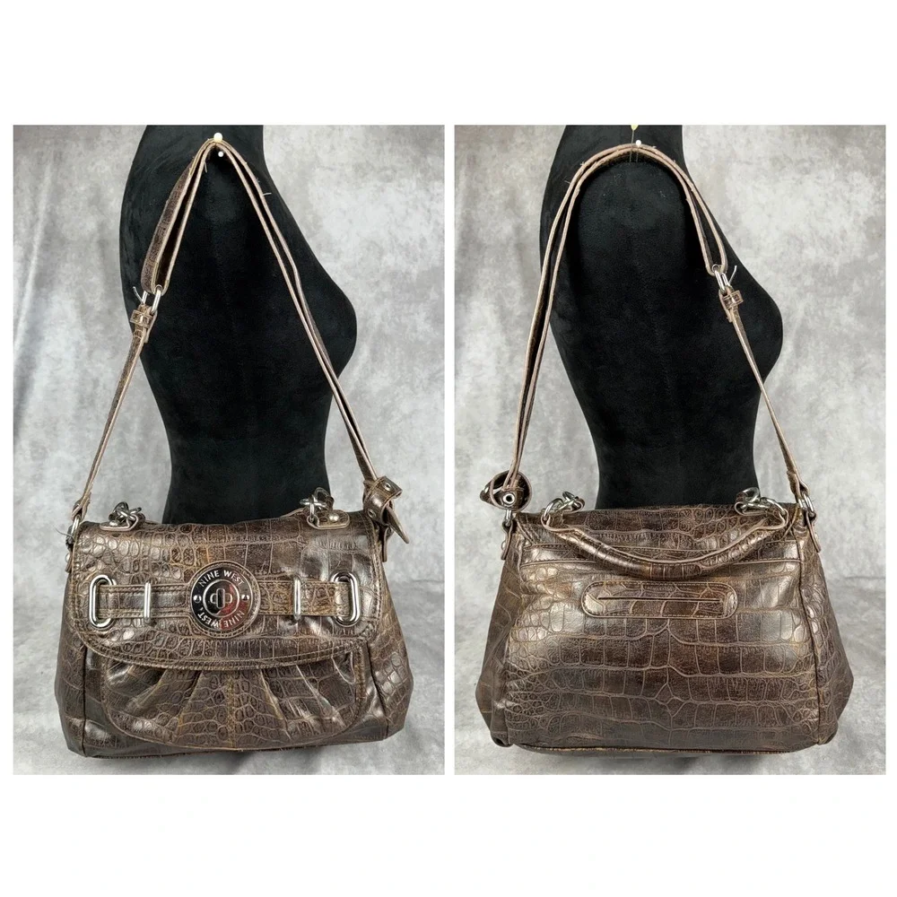 Vtg Y2K Nine West Brown Croc Embossed Faux Leather Purse Crossbody Silver Tonr